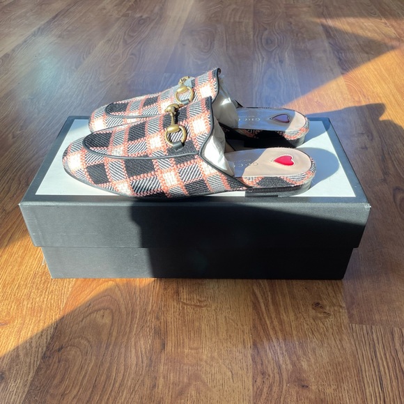 Gucci Princetown Pink Plaid “Fancy Tweed” Loafers Mules Size 35 EU / 5 US NIB - Picture 3 of 7